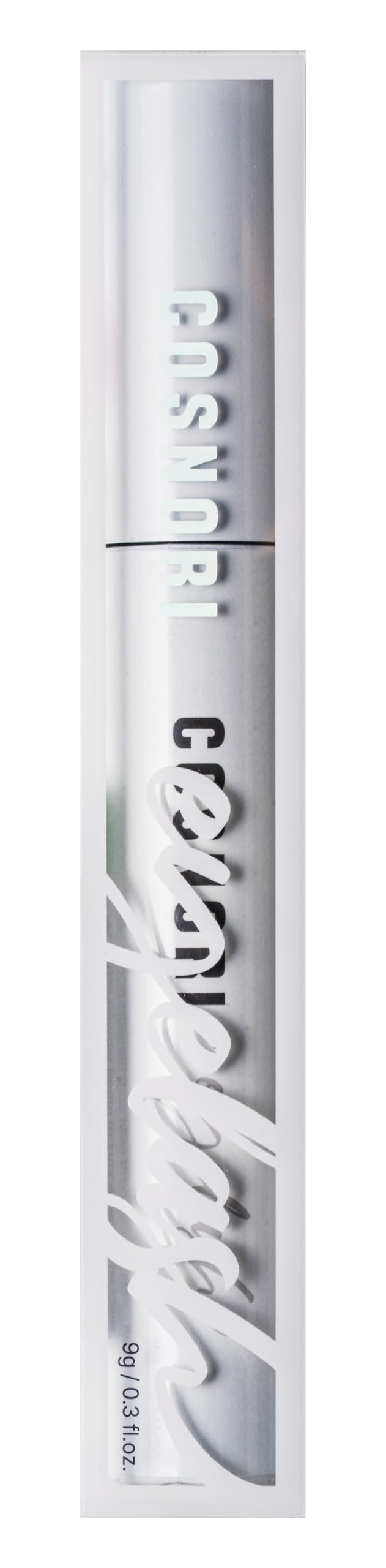 Cosnori vegan eyelash growth enhancer showing the dual ball tip and spoolie applicator brush.