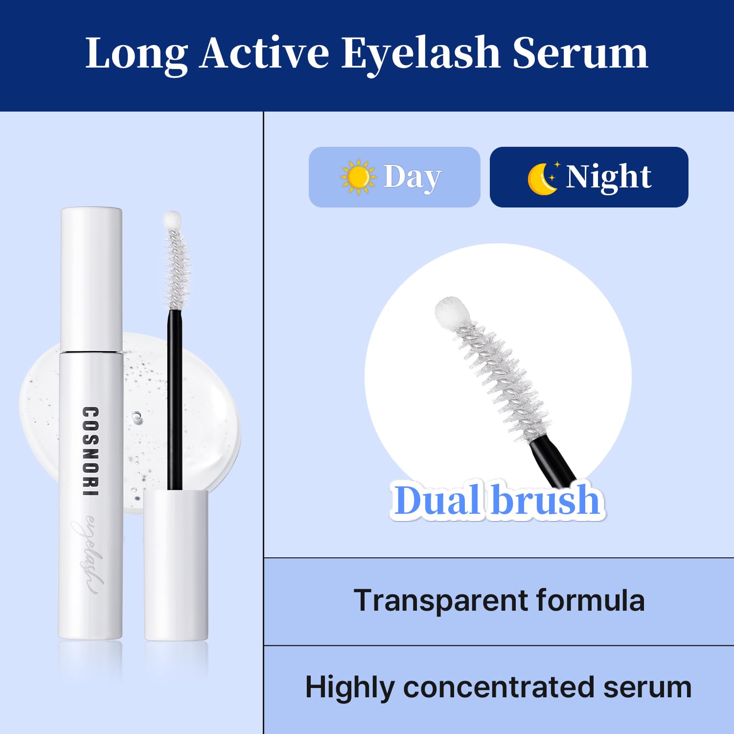 Cosnori imported lash and eyebrow serum packaging displaying product details and size.
