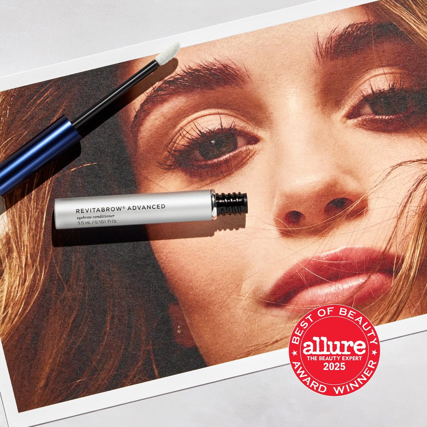 Imported RevitaBrow Advanced Eyebrow Conditioner showing BioPeptin Complex technology details