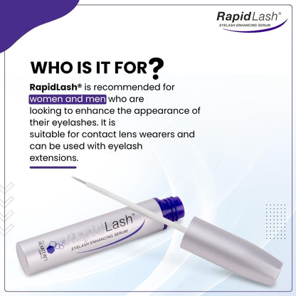 RapidLash Eyelash Enhancing Serum bottle resting on a clean surface alongside its outer carton