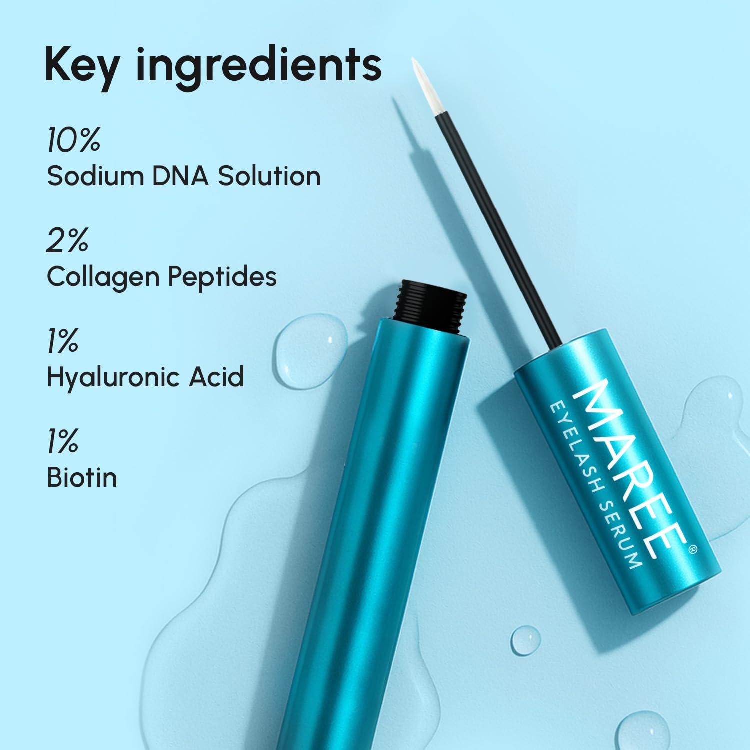 MAREE Prostaglandin free eyelash serum showing side profile of blue bottle