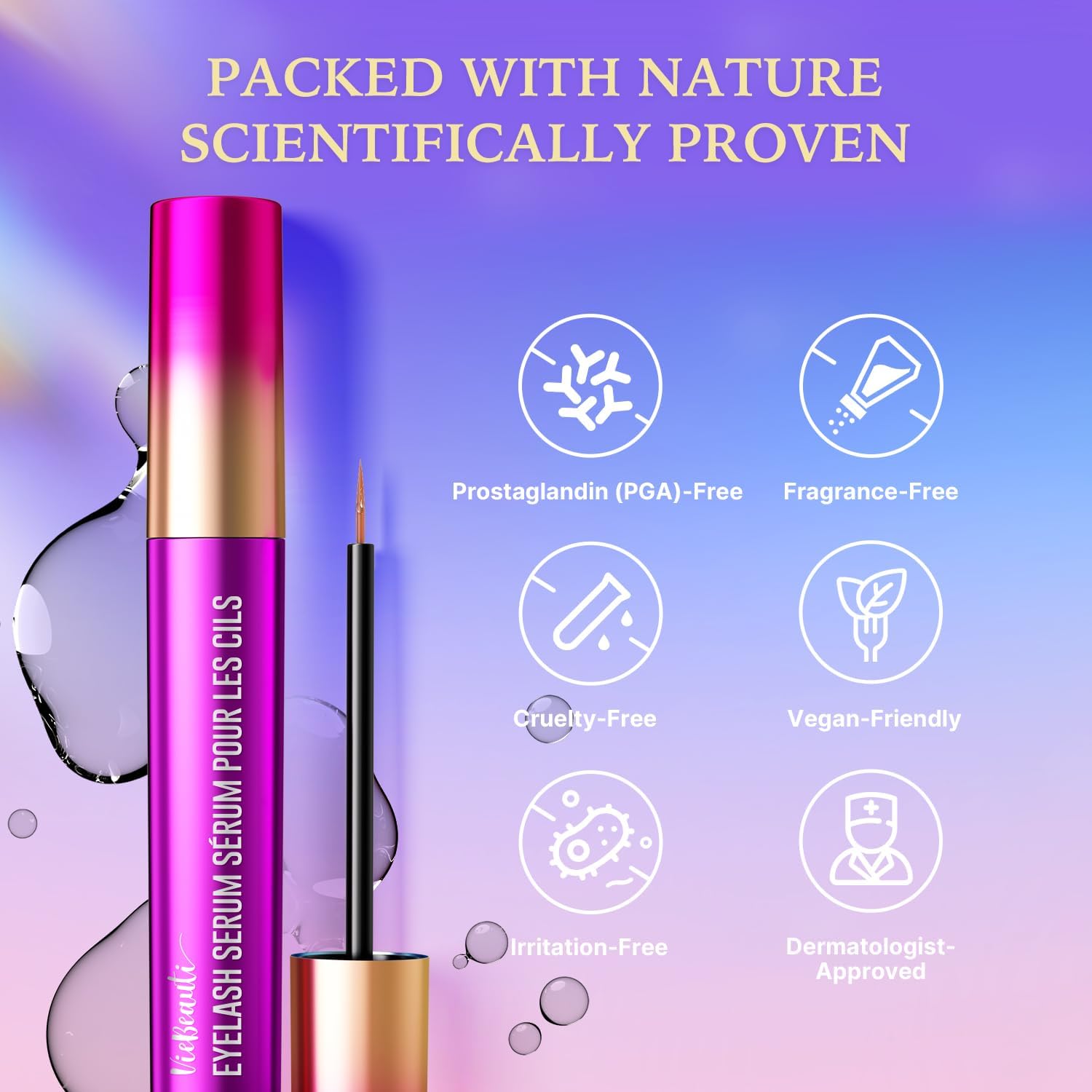 Close up view of the fine applicator brush dripping clear VieBeauti peptide lash serum