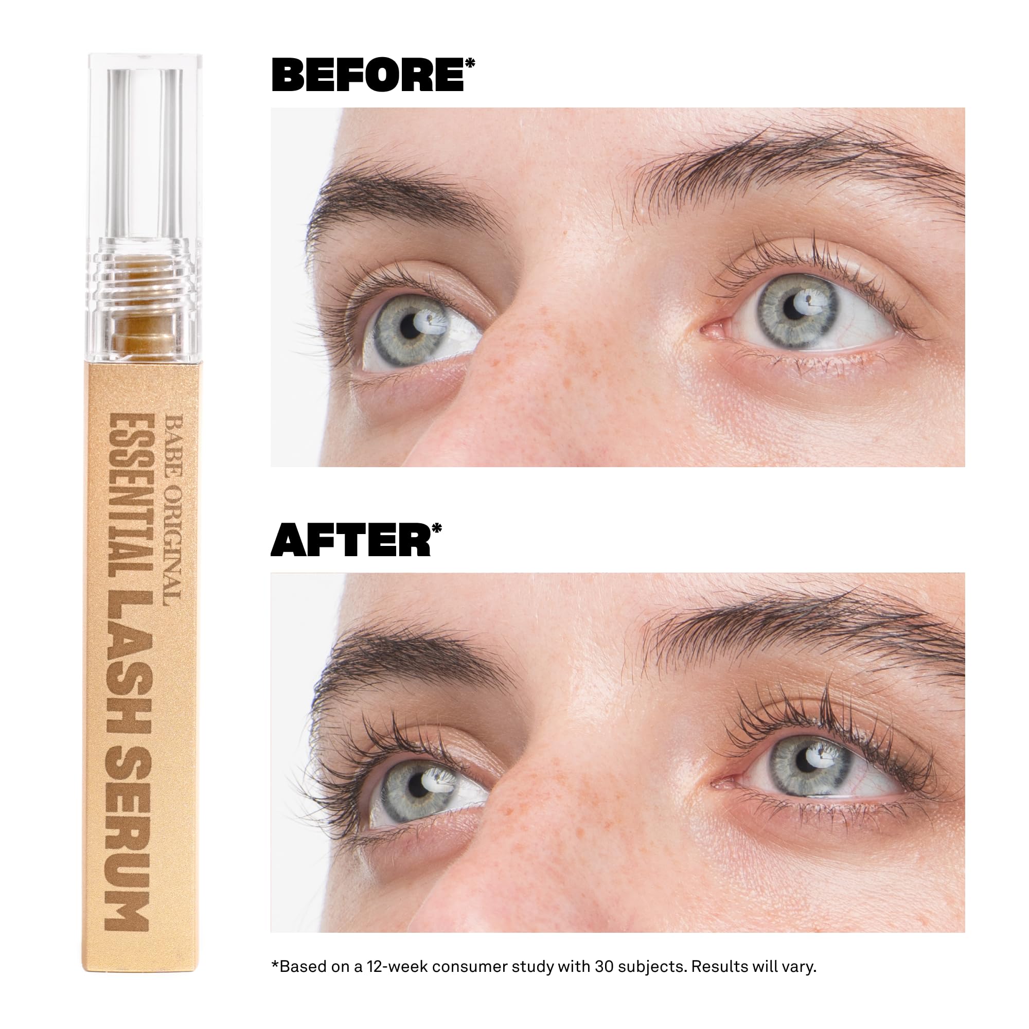 Babe Original eyelash enhancing treatment applicator brush displaying the precise clear serum fluid.