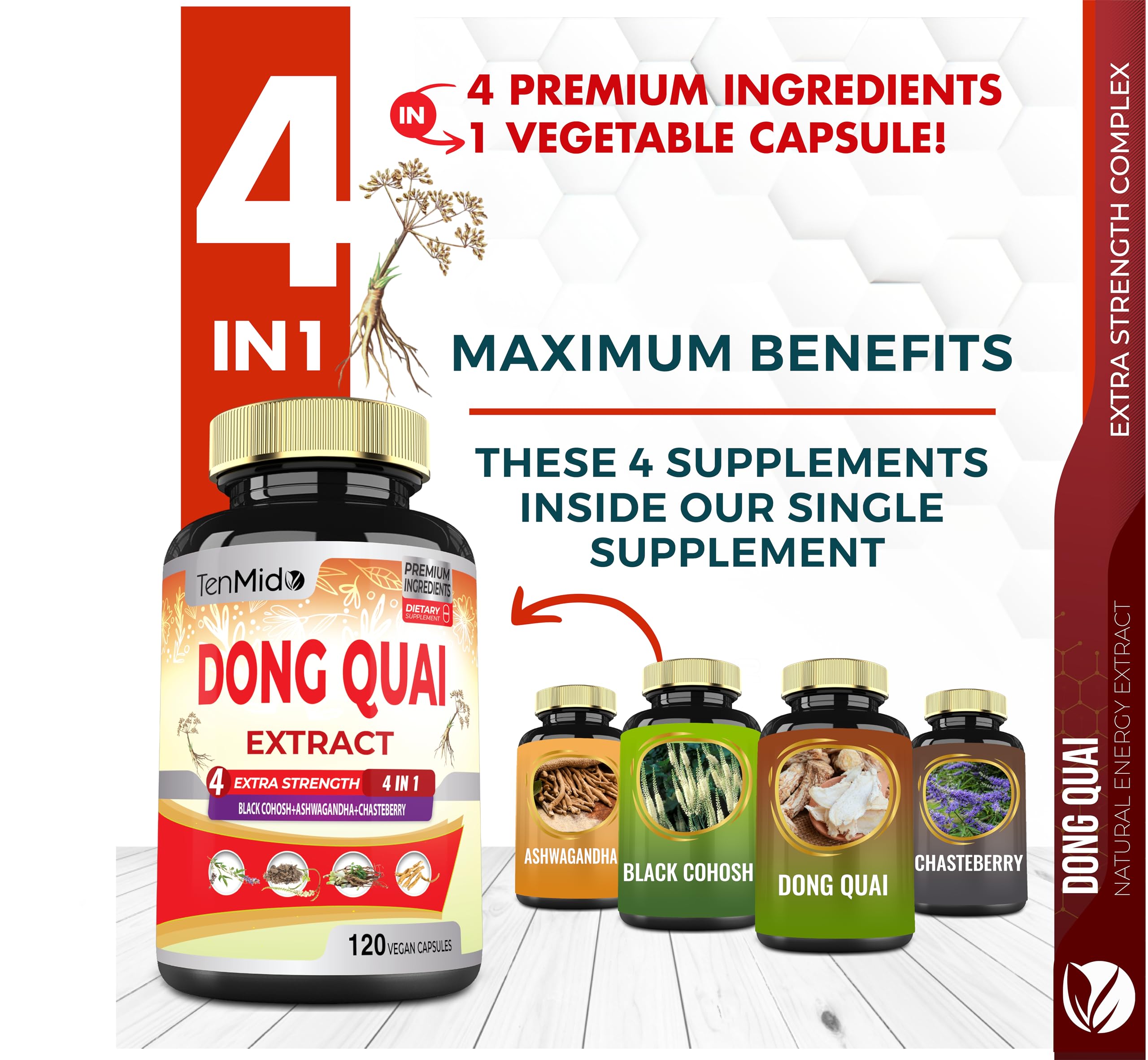 Tenmido Dong Quai supplement bottle showing 120 capsules count