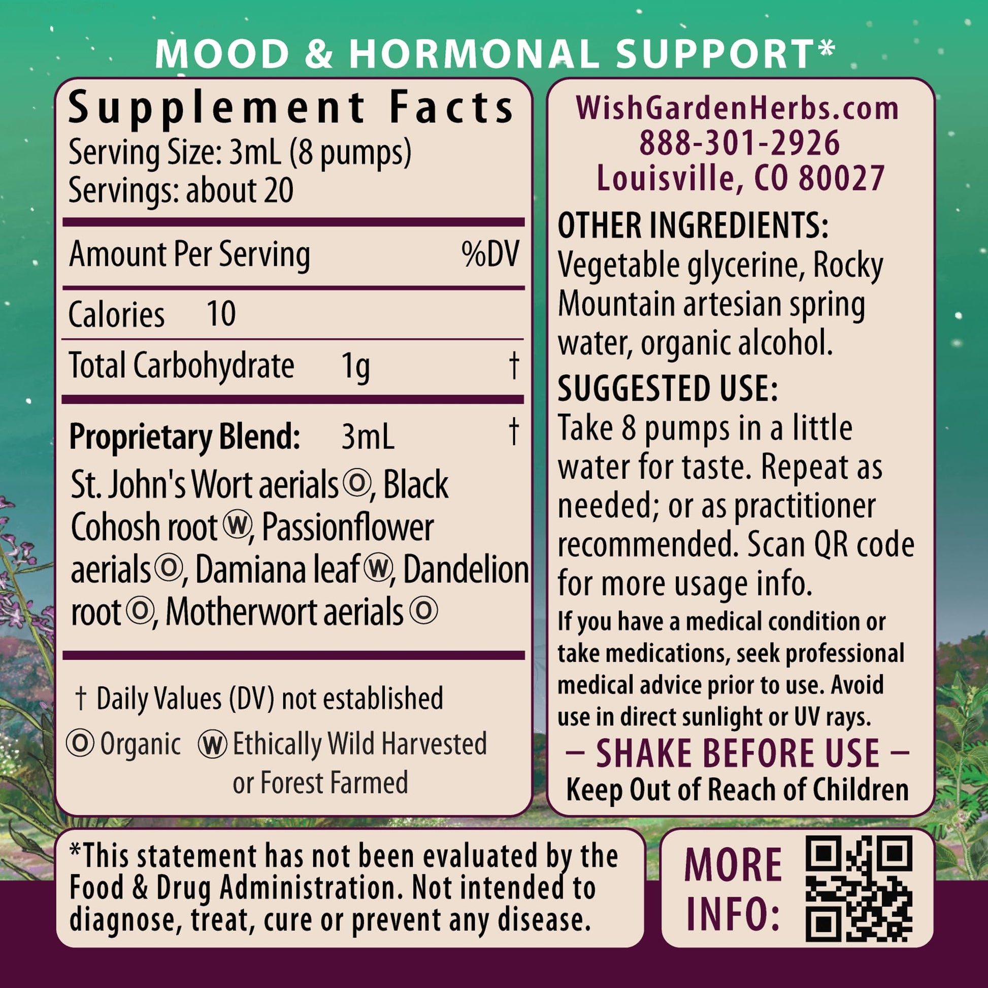 WishGarden Herbs Postpartum Emotional Baby Blues bottle label details