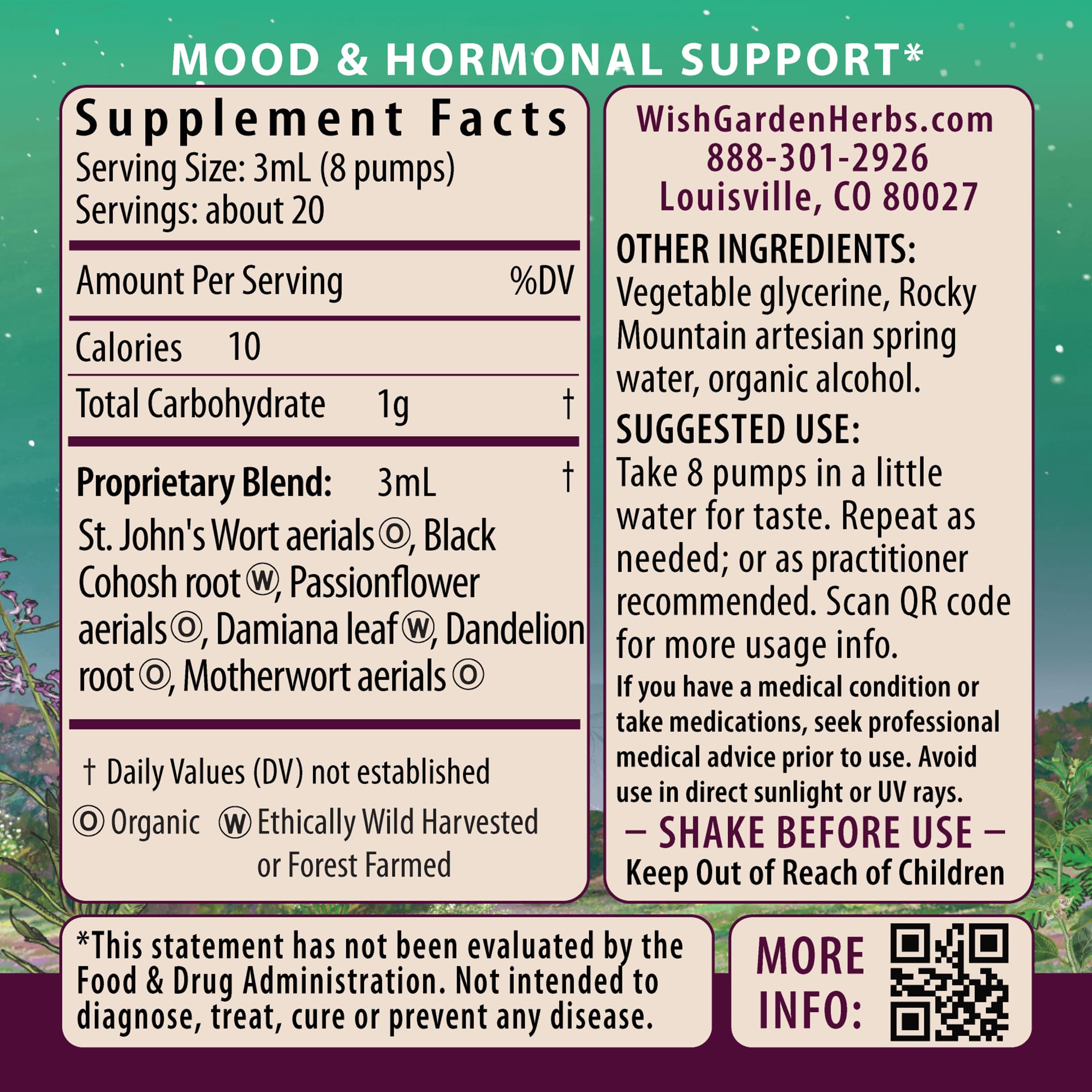 WishGarden Herbs Postpartum Emotional Baby Blues bottle label details