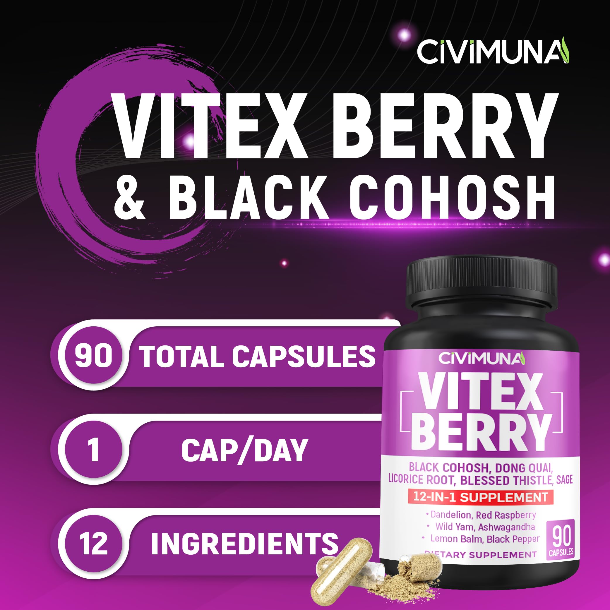 Civimuna herbal supplement bottle with Black Cohosh and Dong Quai