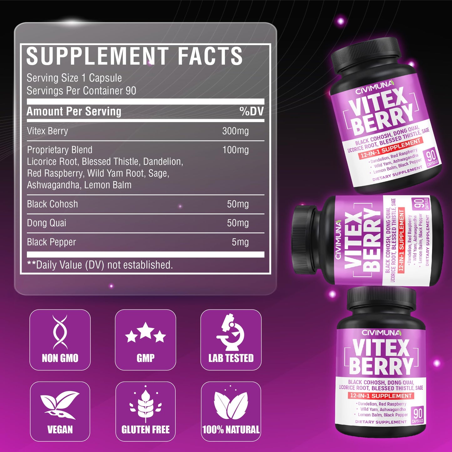 Civimuna Vitex Berry 12-in-1 formula ingredient label detail
