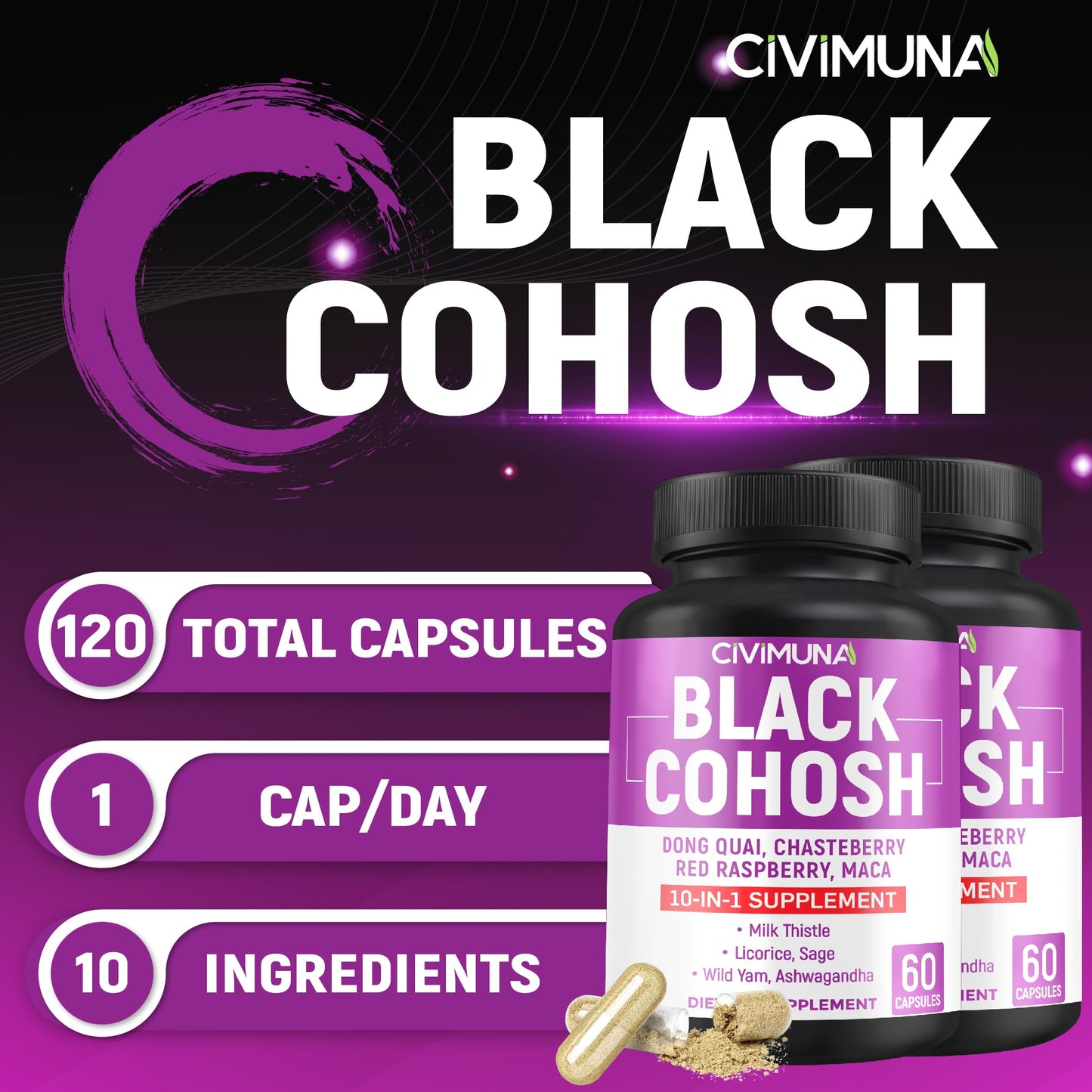 Civimuna Black Cohosh capsules label ingredients and usage details