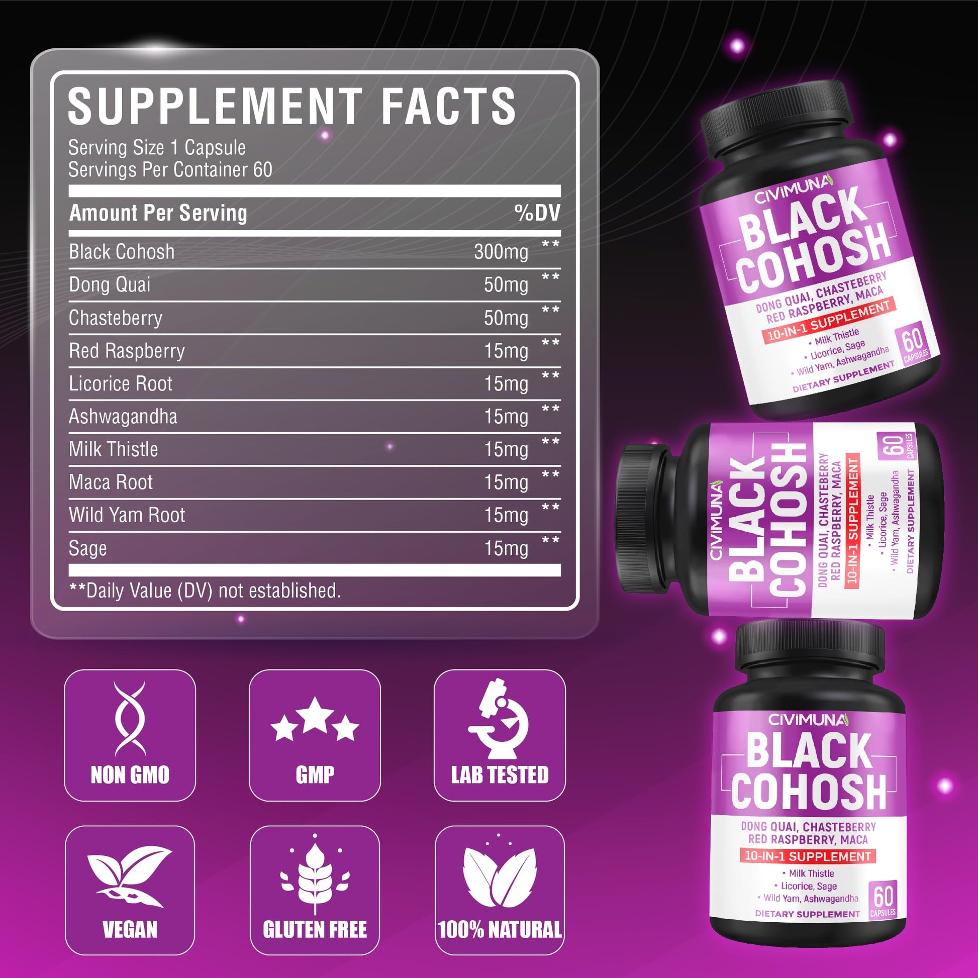 Side view of Civimuna herbal menopause support supplement bottle