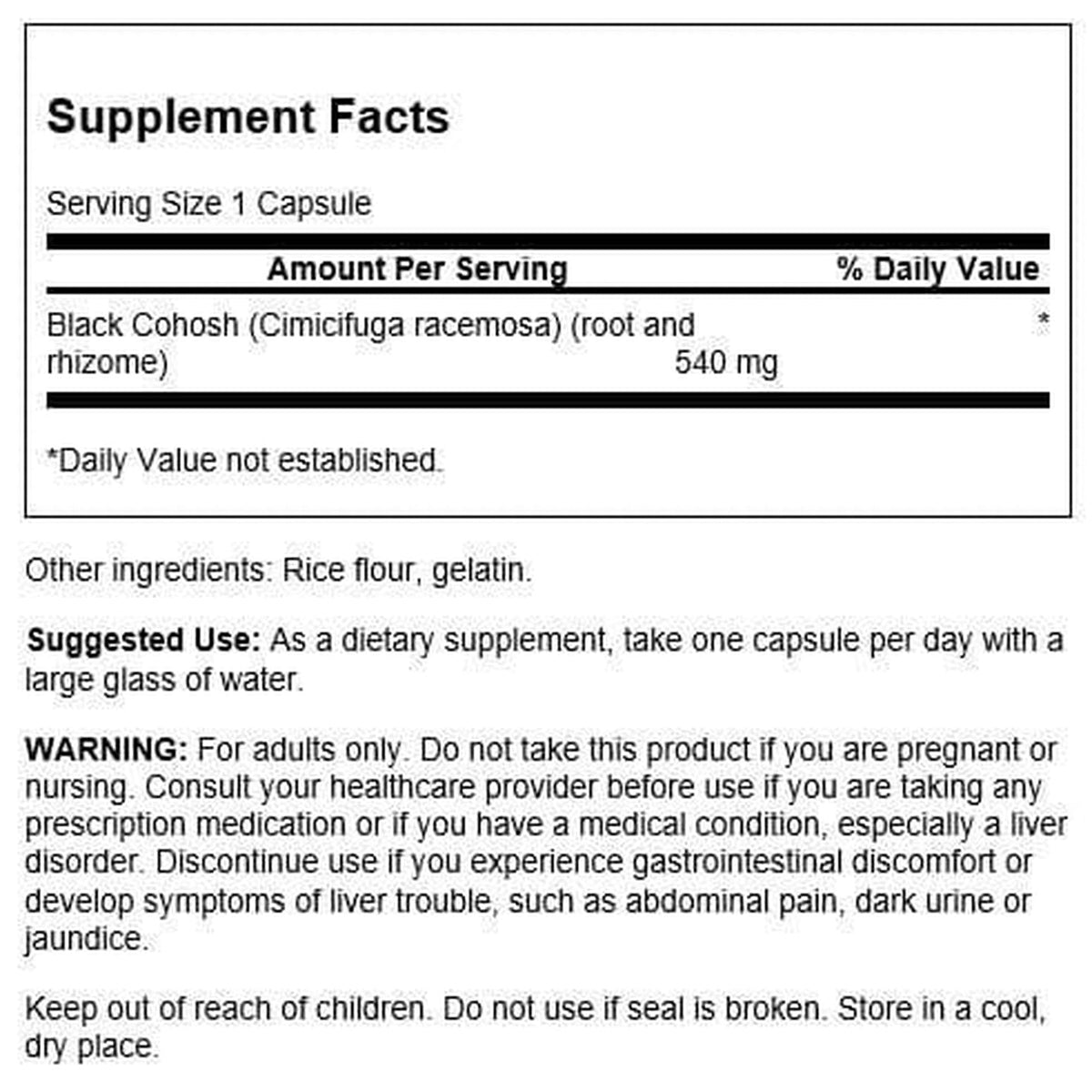 Swanson Black Cohosh supplement label showing 540 milligrams dosage