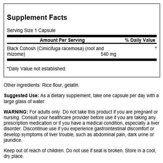 Swanson Black Cohosh supplement label showing 540 milligrams dosage