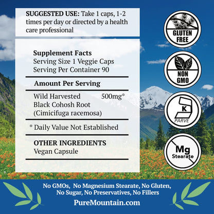 Pure Mountain Botanicals Black Cohosh 500mg supplement label