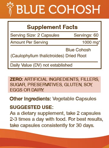 Back side of Secrets of the Tribe Blue Cohosh bottle showing ingredients