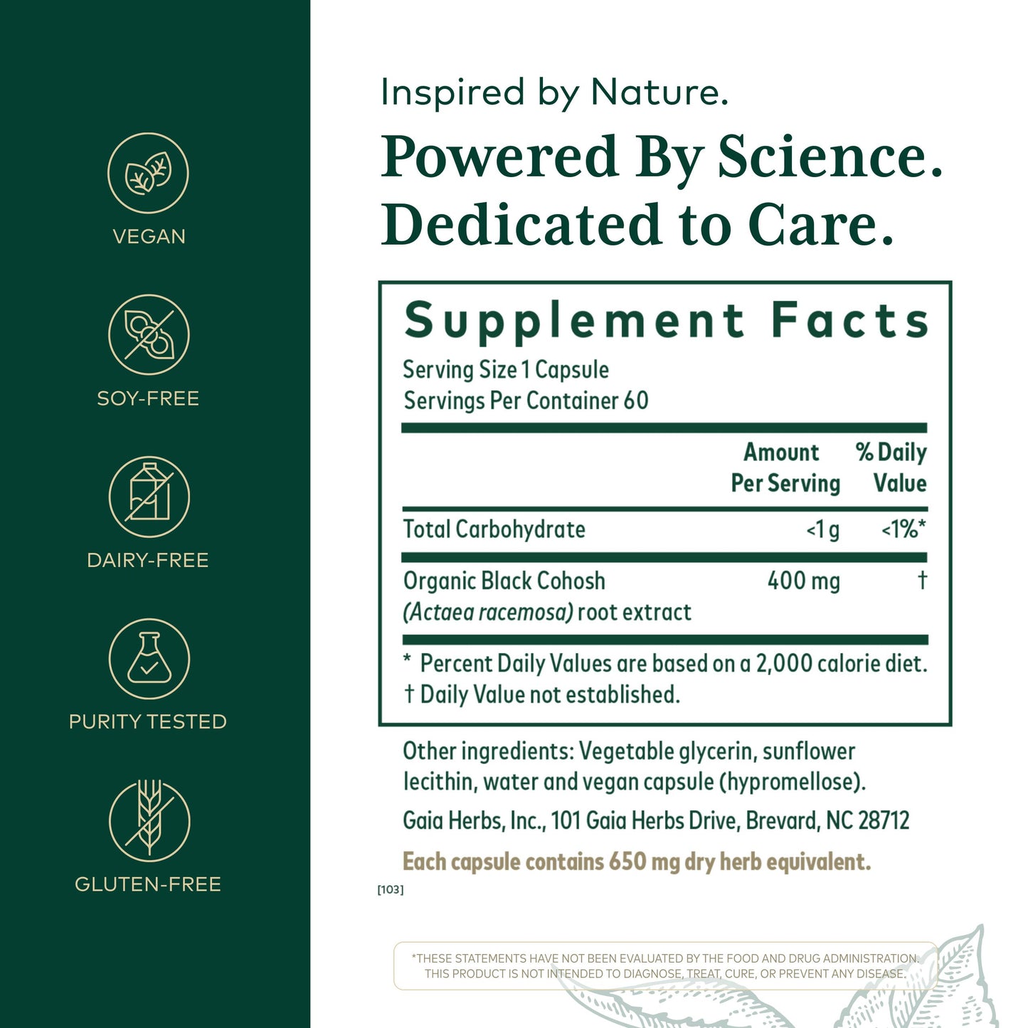Gaia Herbs Pro Black Cohosh Pro supplement facts and ingredients label