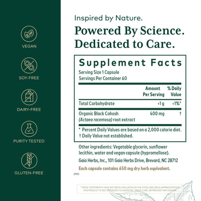 Gaia Herbs Pro Black Cohosh Pro supplement facts and ingredients label