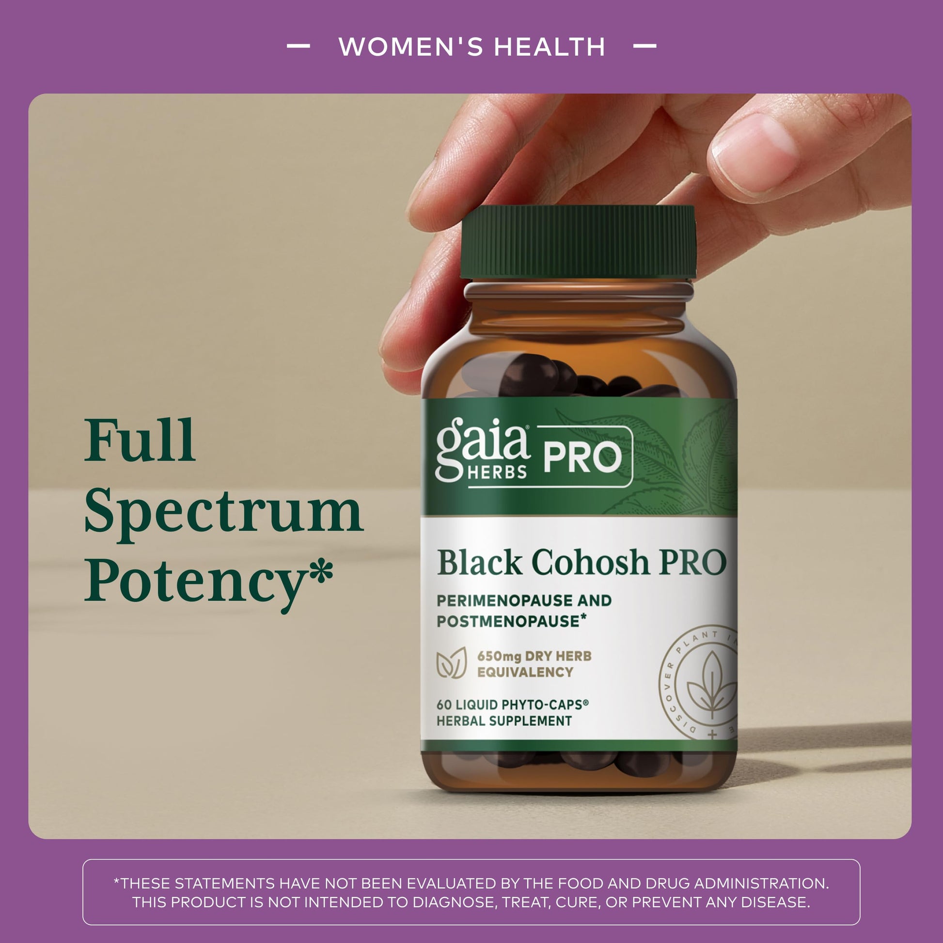 Side view of Gaia Herbs Pro vegan liquid phyto capsules bottle