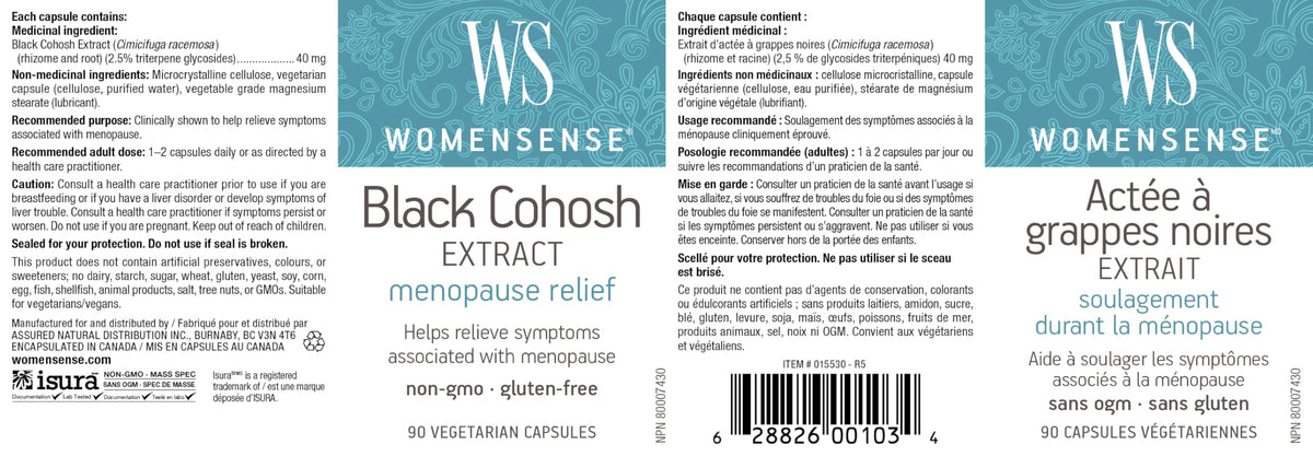 Back label of WomenSense Black Cohosh supplement showing ingredients