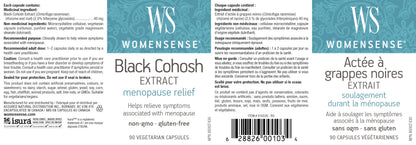 Back label of WomenSense Black Cohosh supplement showing ingredients