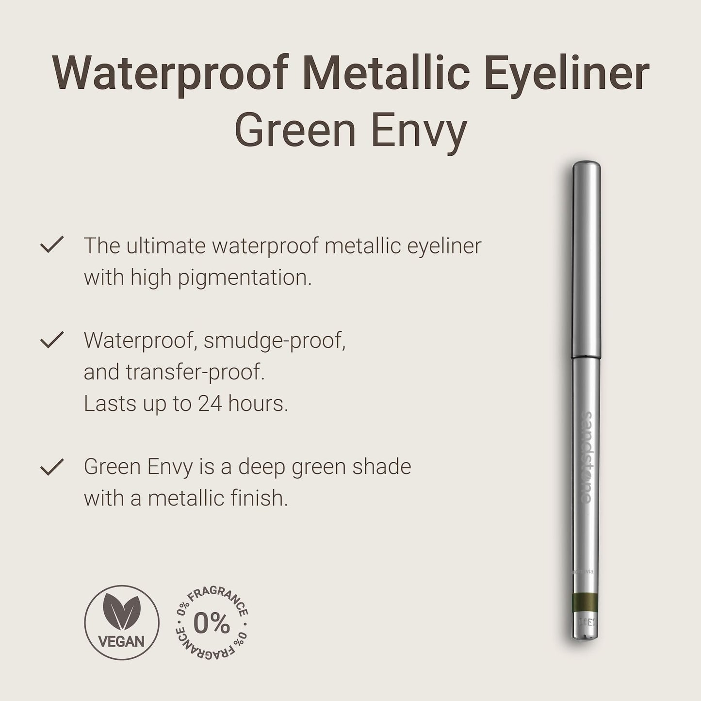 Close up of Sandstone Scandinavia green metallic eyeliner tip