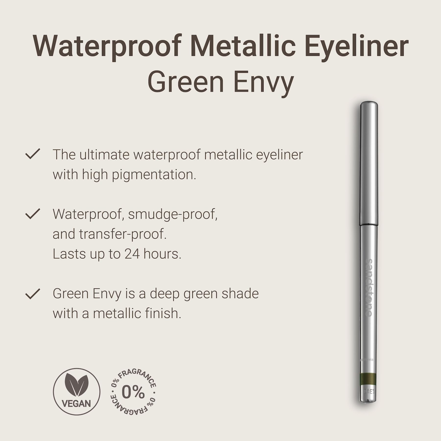Close up of Sandstone Scandinavia green metallic eyeliner tip