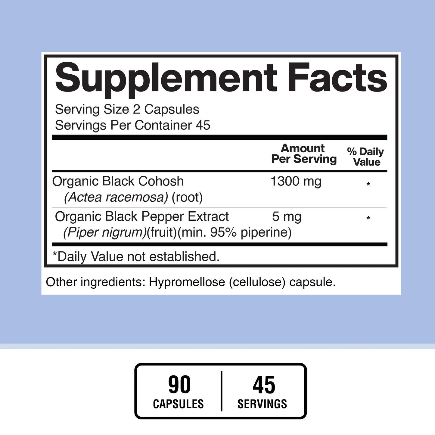 Back of bottle showing supplement facts for American Standard Supplements Black Cohosh
