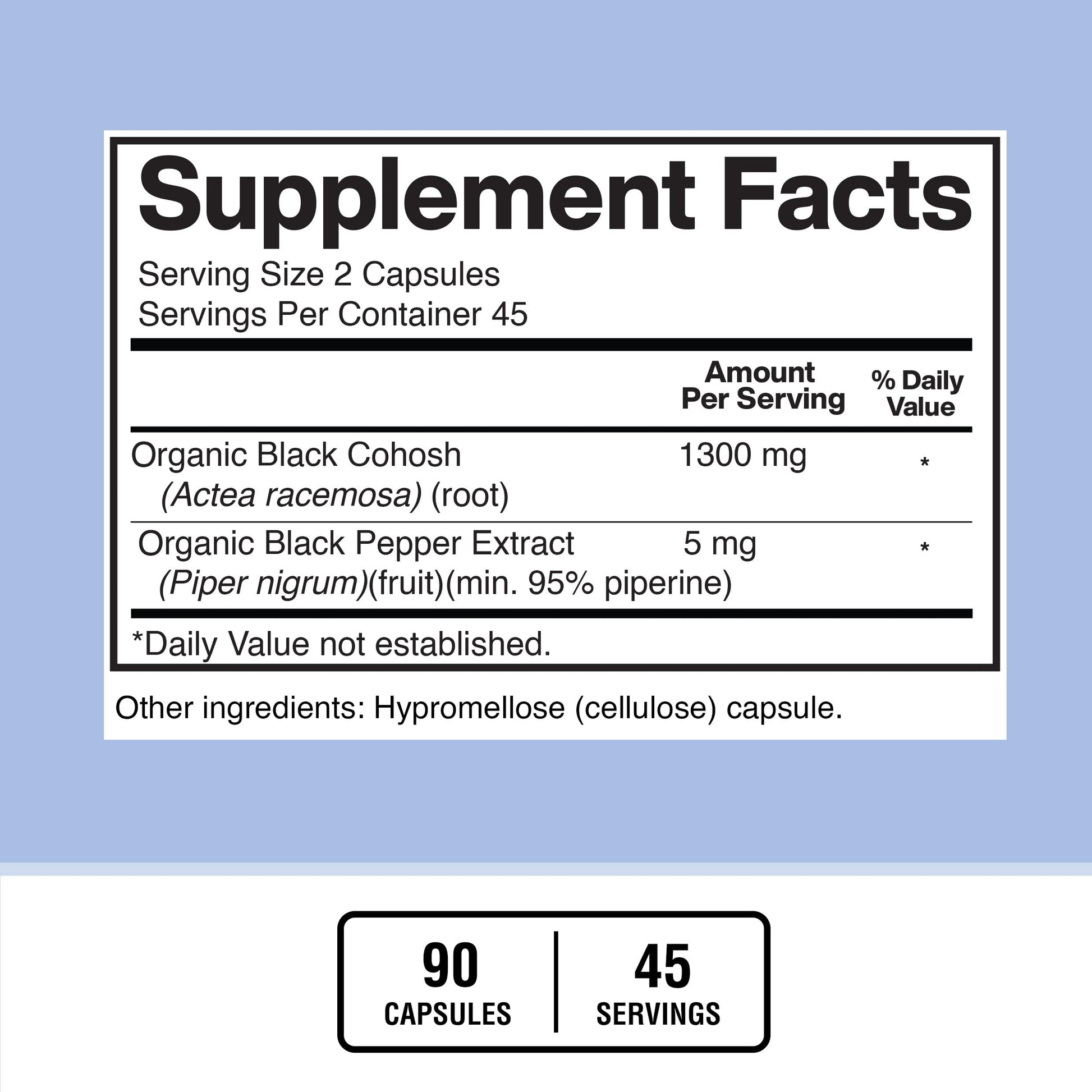Back of bottle showing supplement facts for American Standard Supplements Black Cohosh