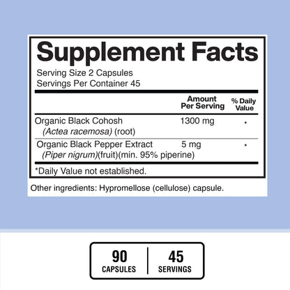 Back of bottle showing supplement facts for American Standard Supplements Black Cohosh