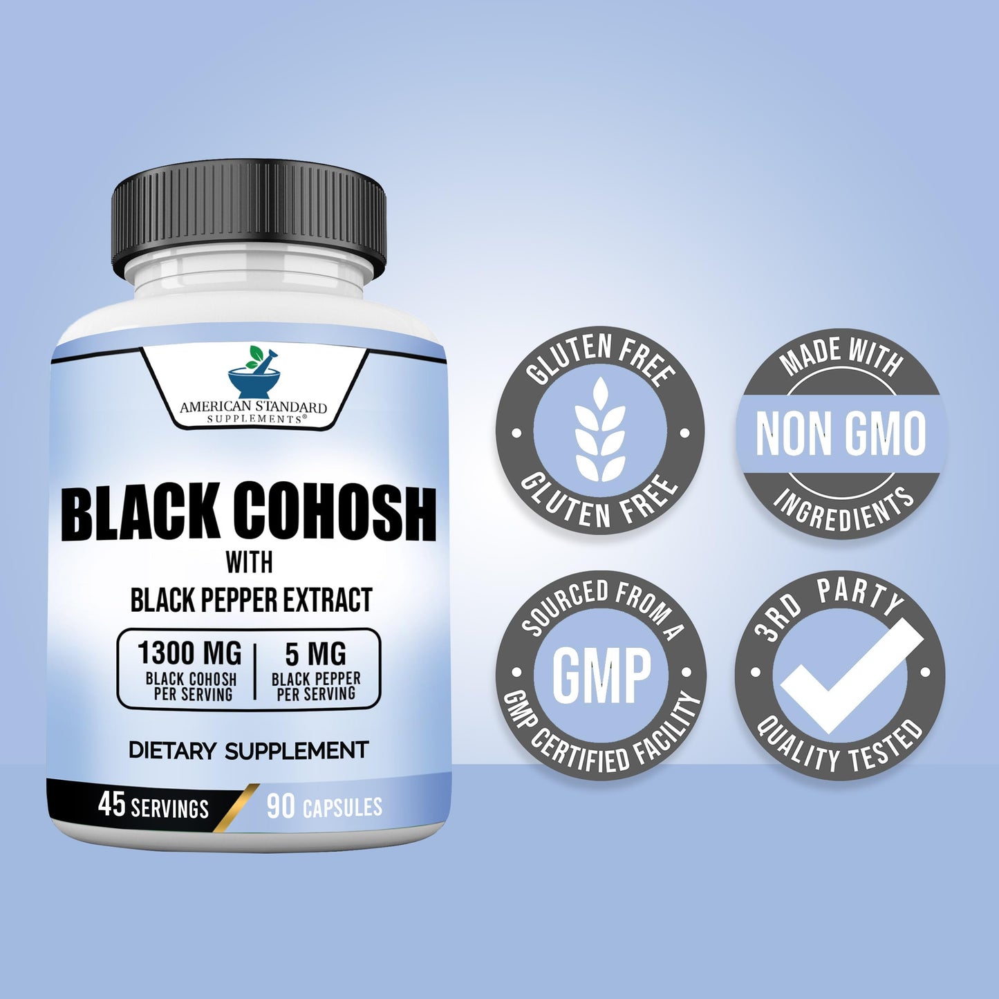 American Standard Supplements Black Cohosh bottle showing vegan and non-GMO labels