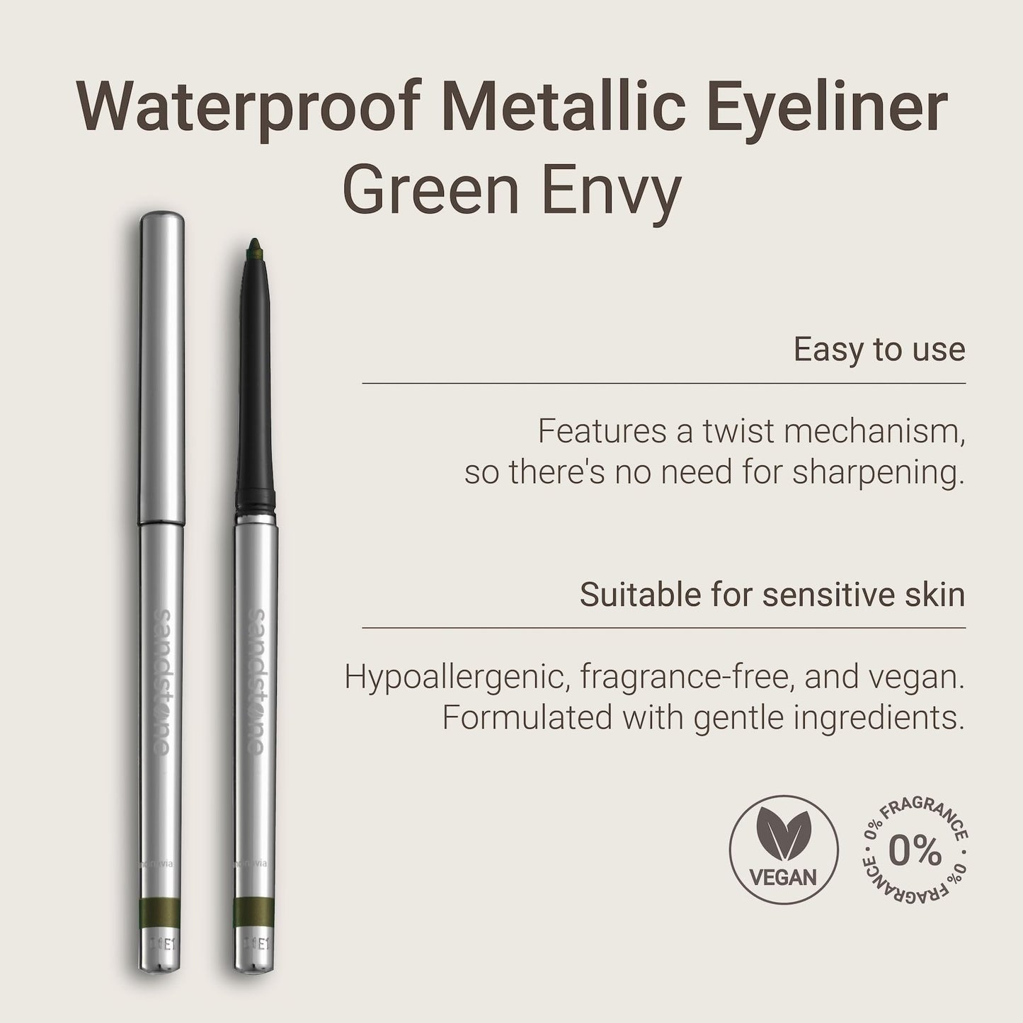 Professional model wearing green metallic eyeliner by Sandstone Scandinavia