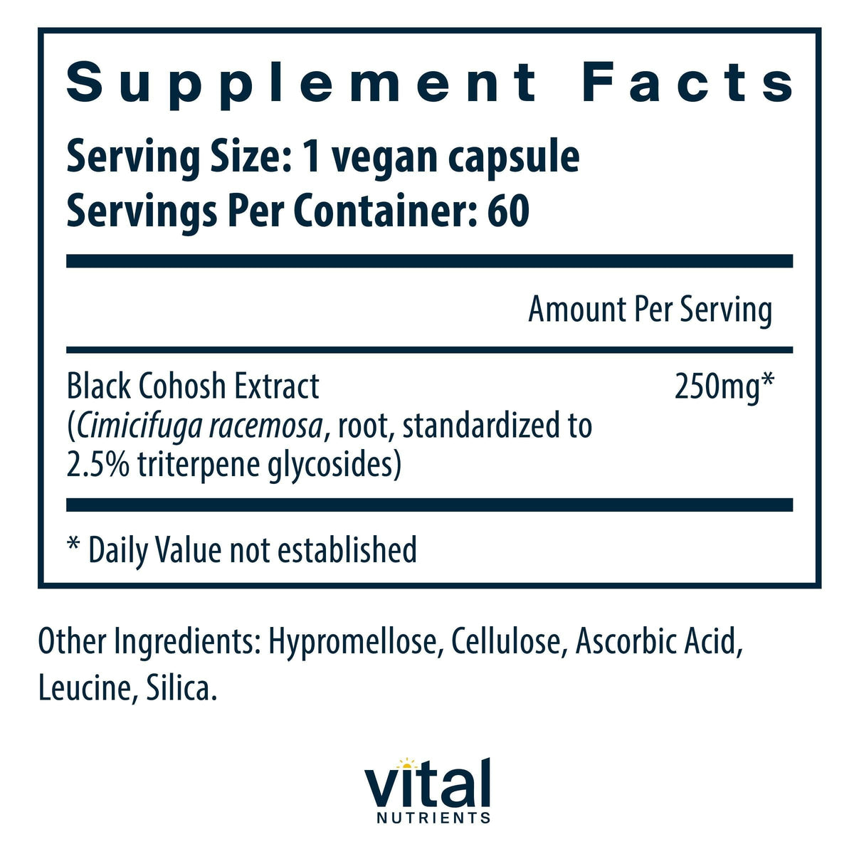 Vital Nutrients Black Cohosh vegan supplement label details and dosage information