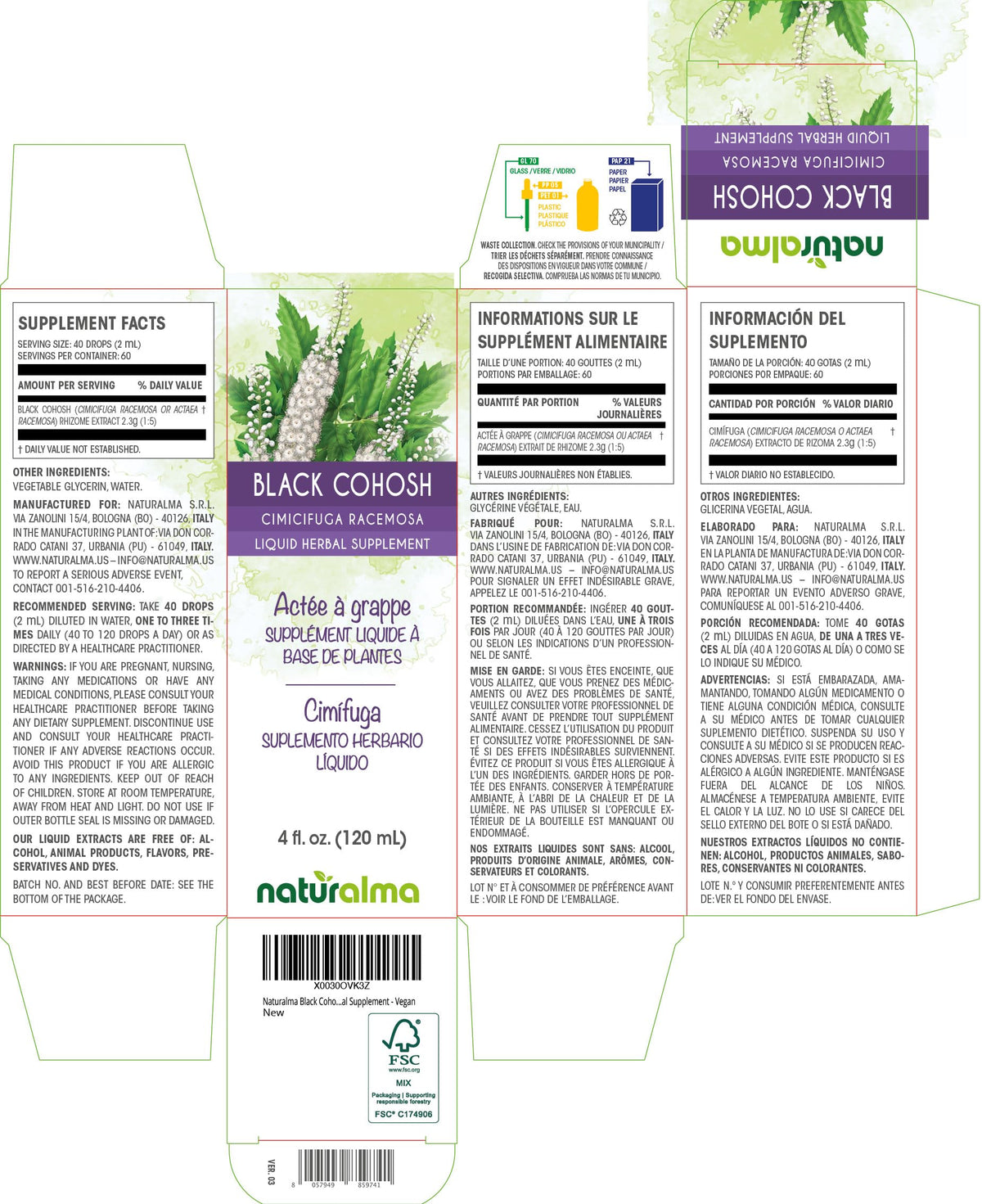 Naturalma Black Cohosh 4 fluid ounce bottle label details