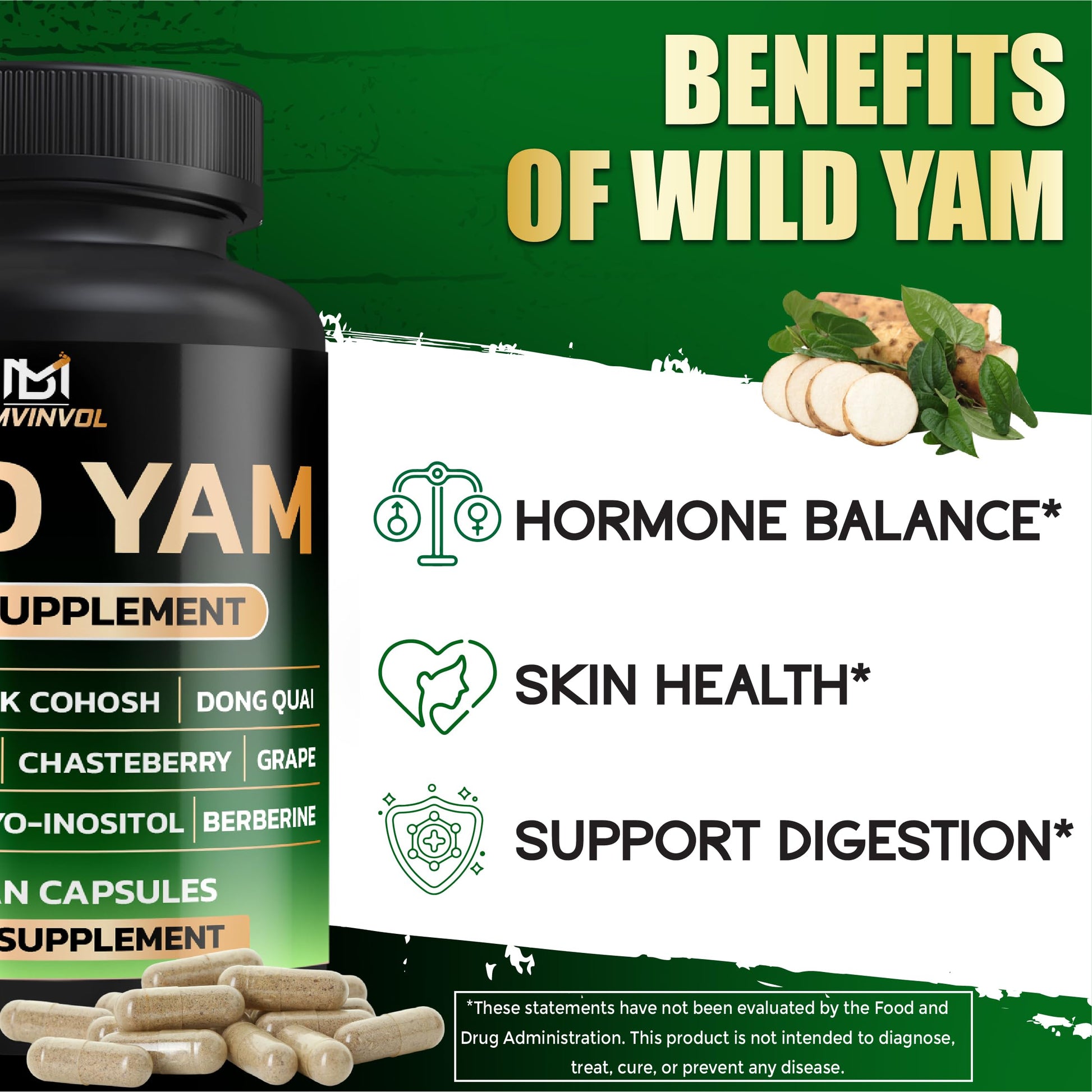 Side view of BMVINVOL Wild Yam capsules bottle