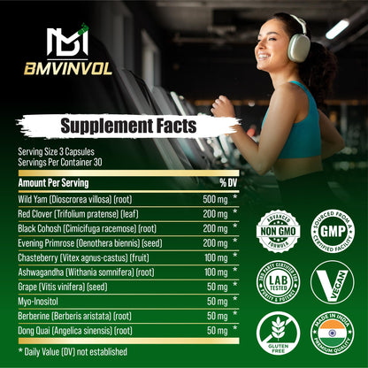 Supplement facts label on BMVINVOL Wild Yam bottle