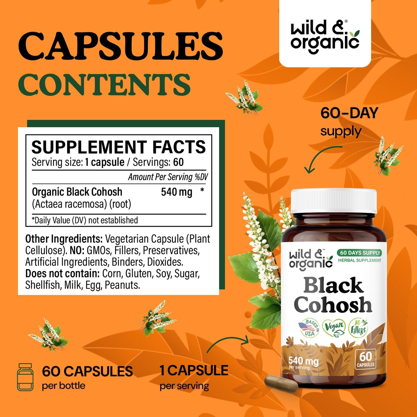 Wild & Organic Black Cohosh vegan and non-GMO certification seals