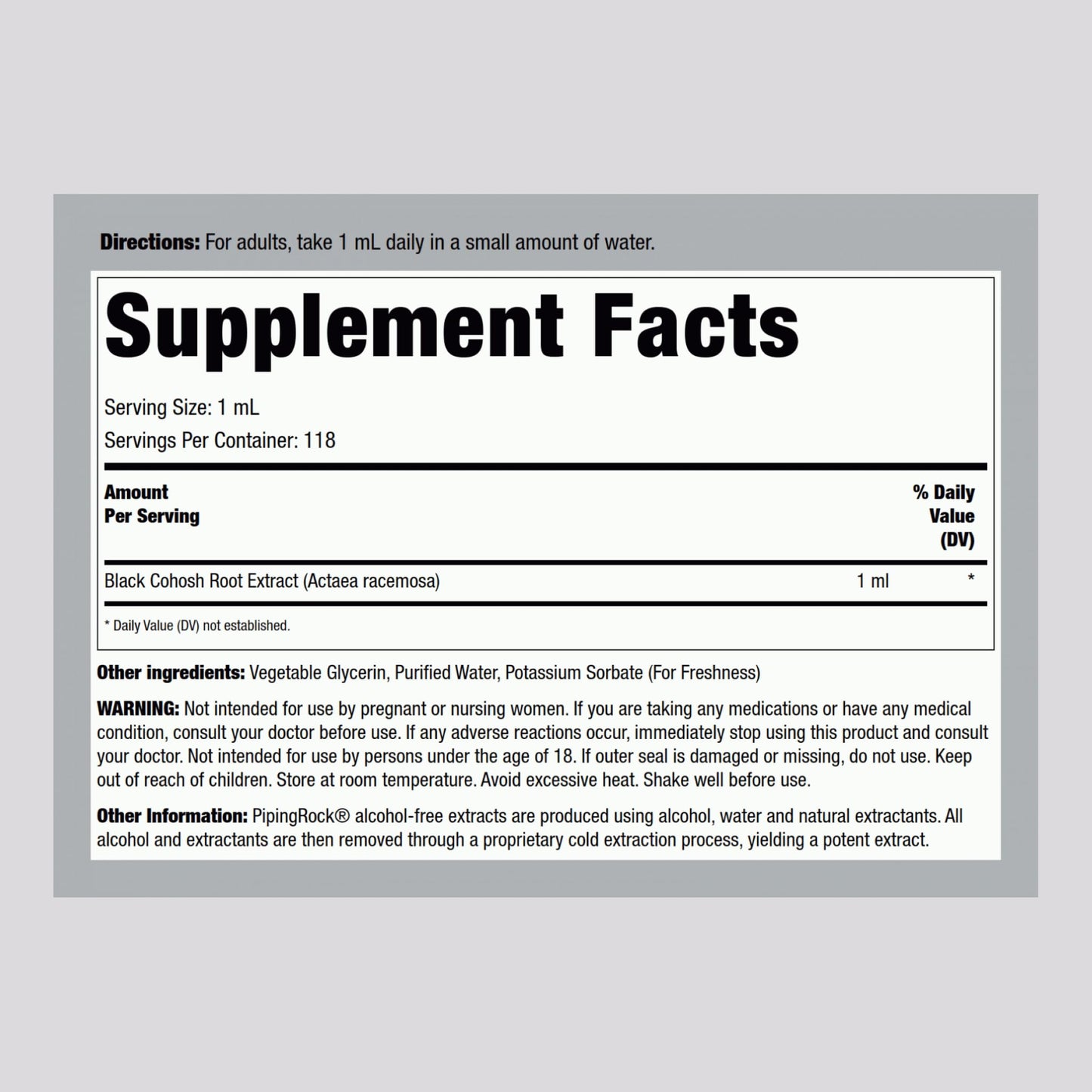 Liquid root extract drops bottle side profile with detailed nutritional ingredient label