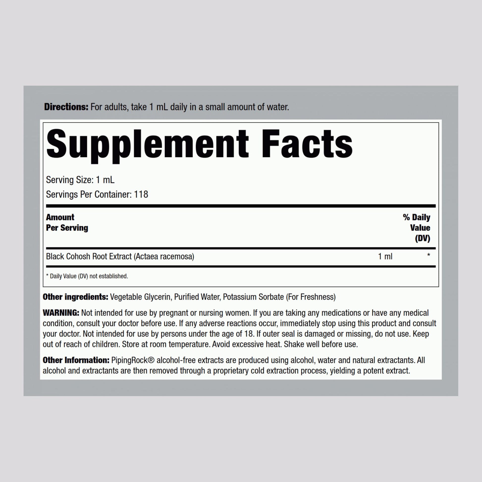Liquid root extract drops bottle side profile with detailed nutritional ingredient label