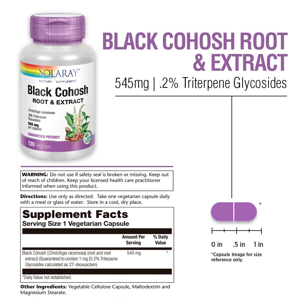 Side profile of Solaray Black Cohosh vegetarian capsules bottle