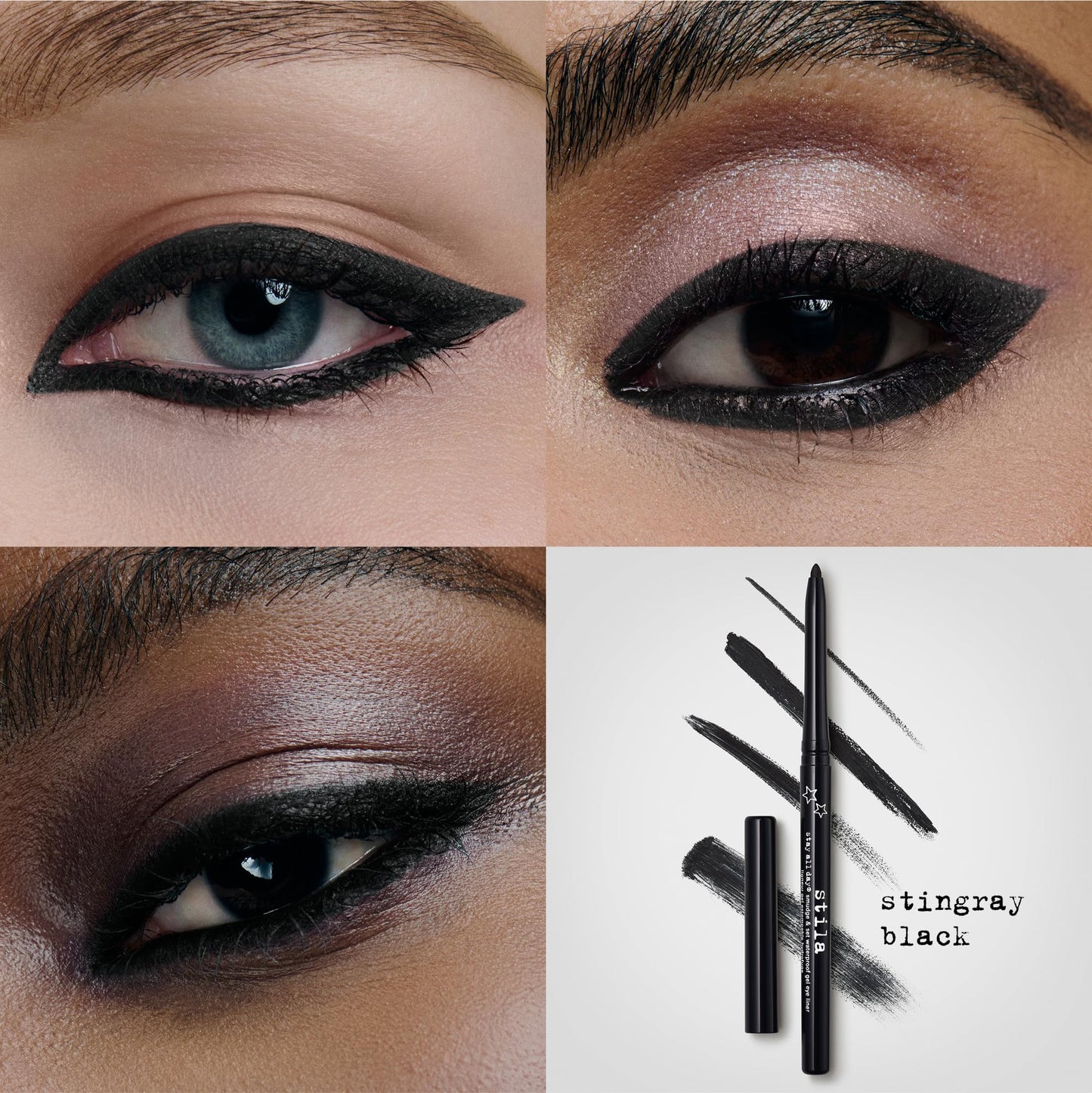 Model wearing Stila Stay All Day gel eyeliner for smoky eye look