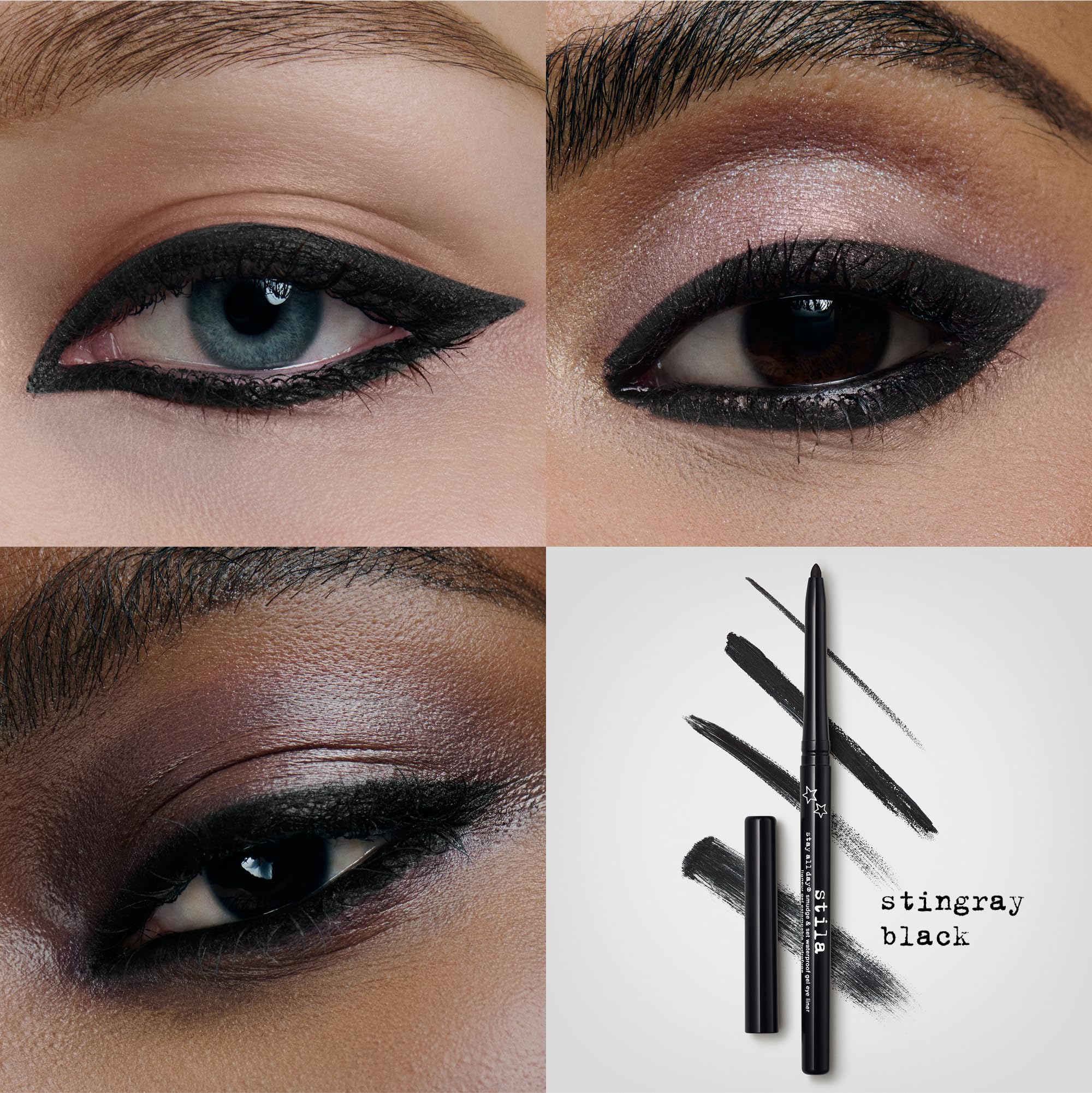 Model wearing Stila Stay All Day gel eyeliner for smoky eye look