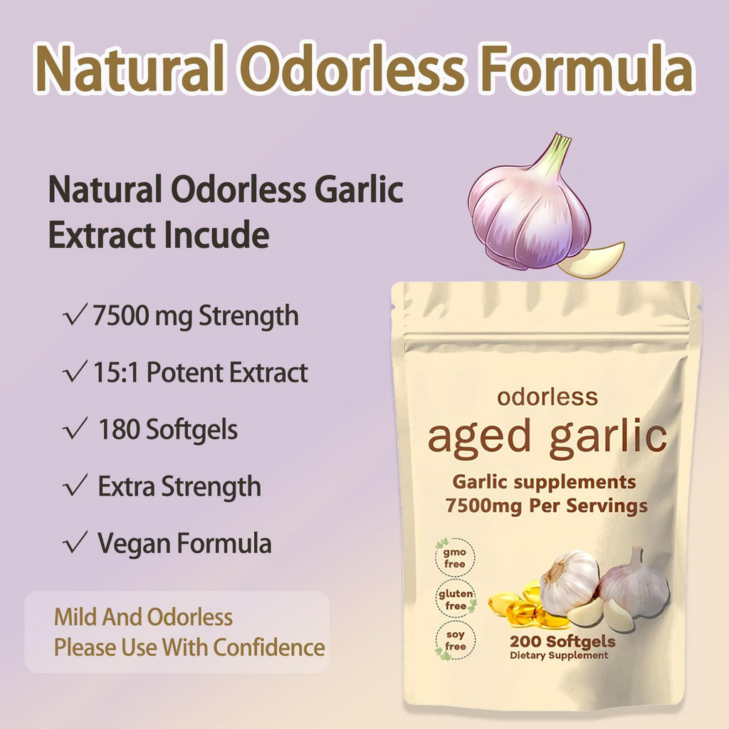TANSPRESSO Primus odorless garlic supplement side label detailing organic heart and immune benefits