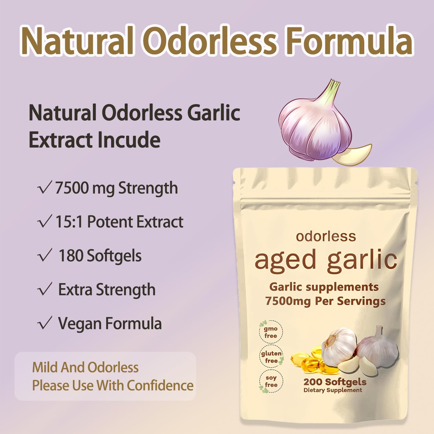 TANSPRESSO Primus odorless garlic supplement side label detailing organic heart and immune benefits