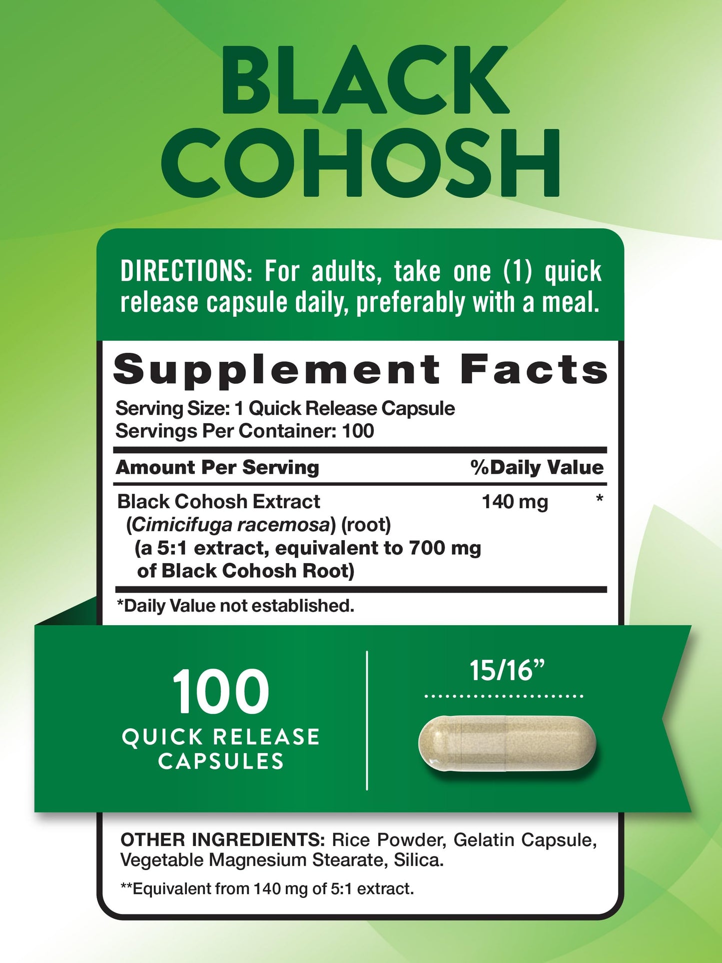 Nature's Truth Black Cohosh 100 capsules label details