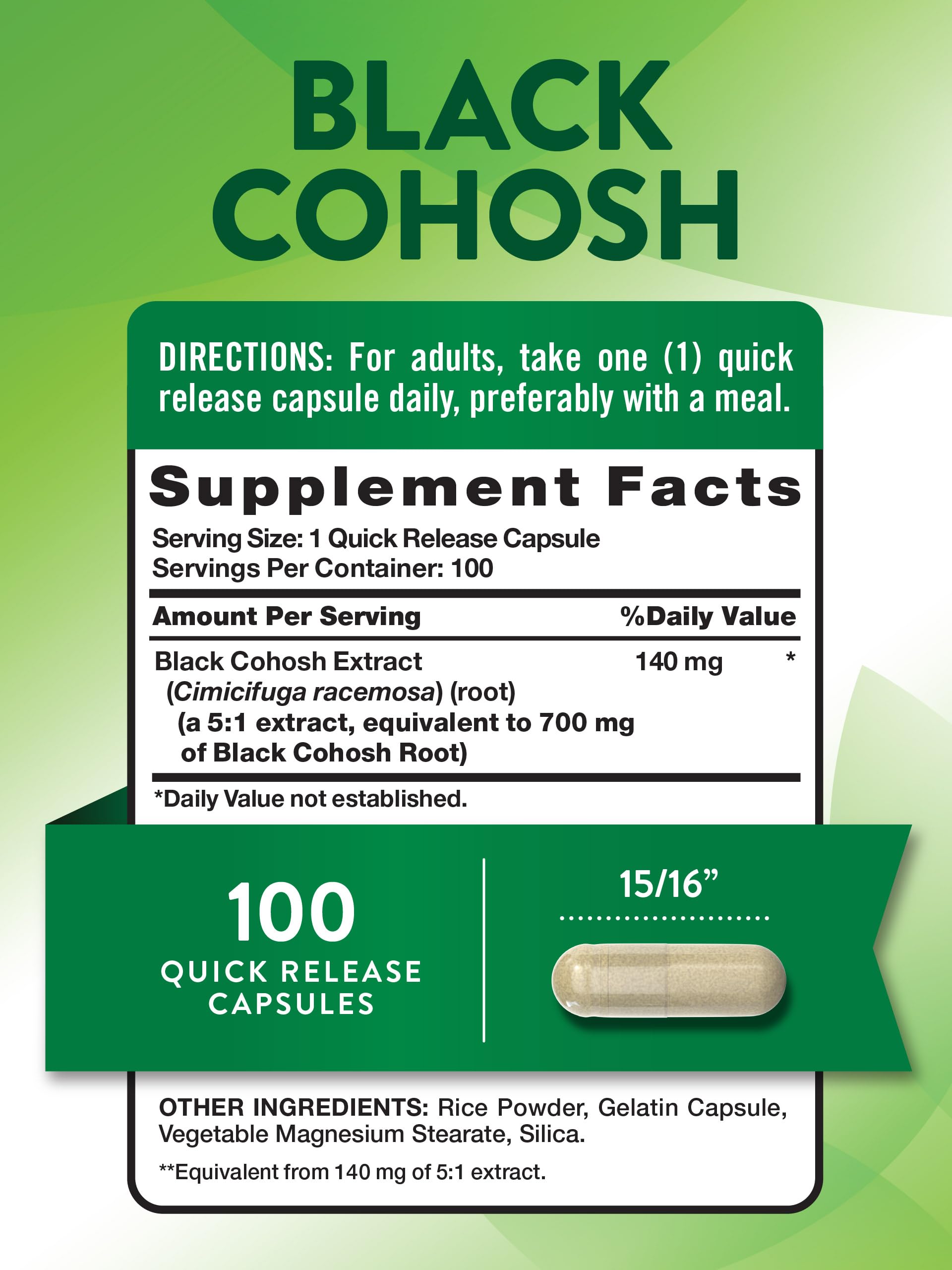 Nature's Truth Black Cohosh 100 capsules label details