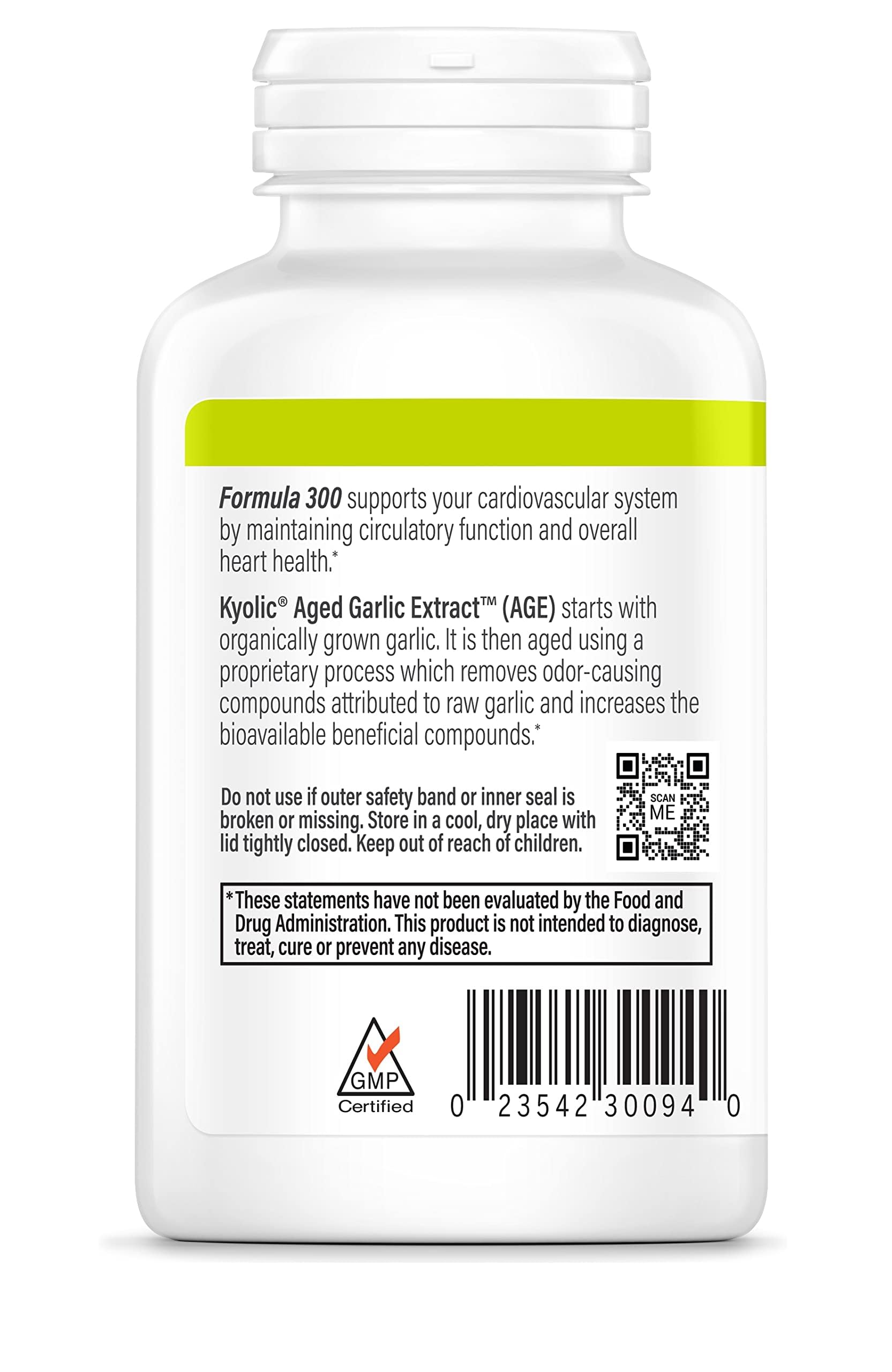 Odorless Kyolic garlic capsules container highlighting organic aging and quality testing