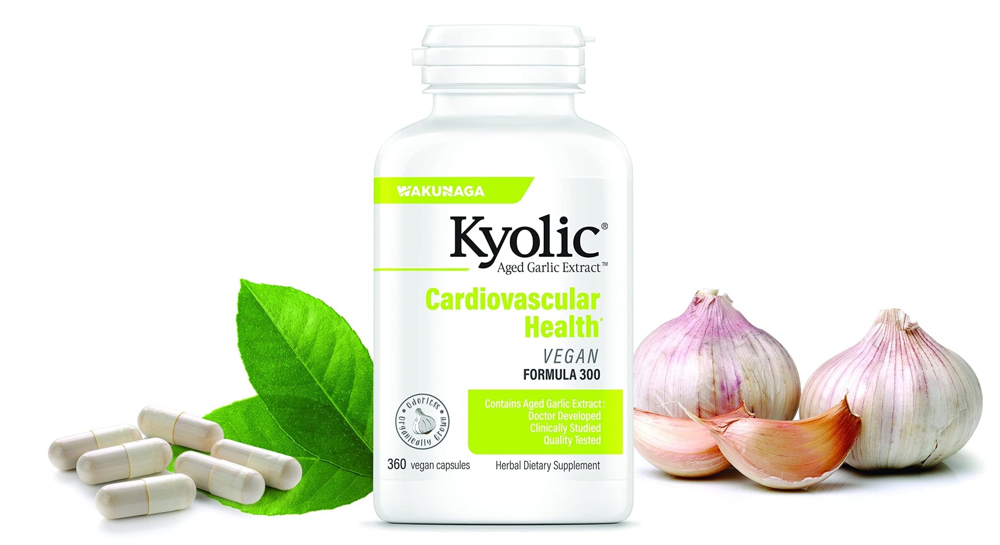 Kyolic vegan garlic supplement bottle displayed on a clean surface for wellness tracking