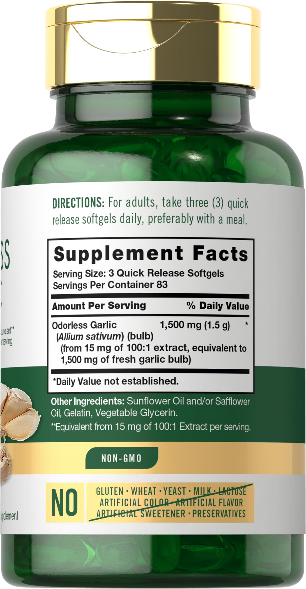 Carlyle garlic softgels 250 count packaging showing non-GMO and gluten-free labels