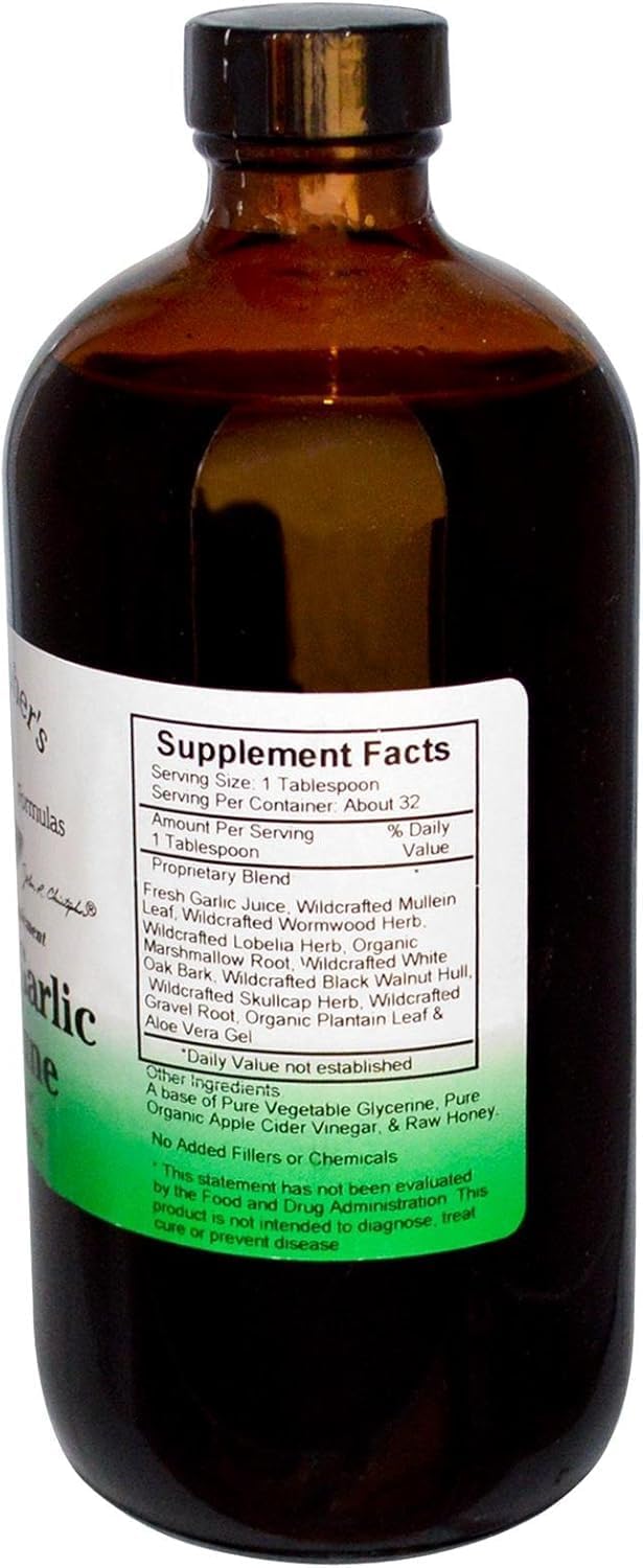 Side angle view of Dr. Christopher's Super Garlic Immune supplement highlighting the organic herbal blend ingredients label