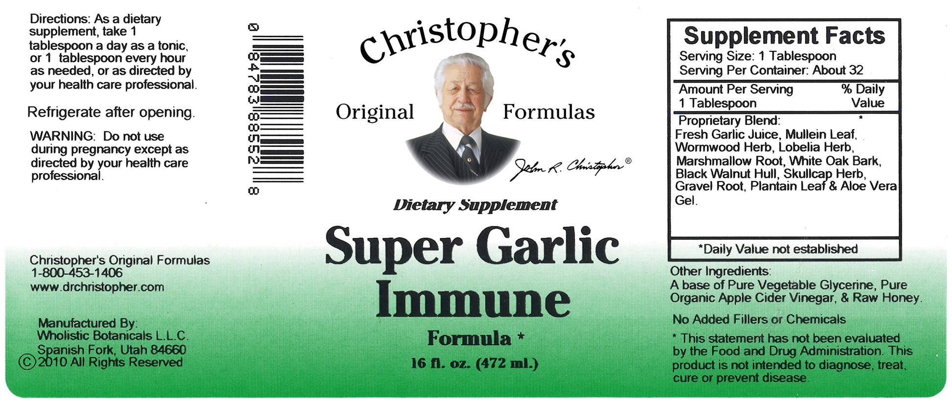 Back label view of Christopher's Original Formulas traditional garlic immunity syrup detailing dietary supplement specifications