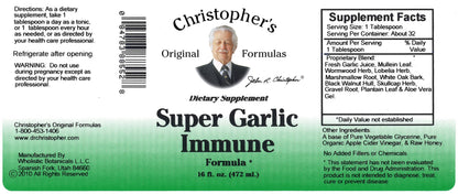 Back label view of Christopher's Original Formulas traditional garlic immunity syrup detailing dietary supplement specifications